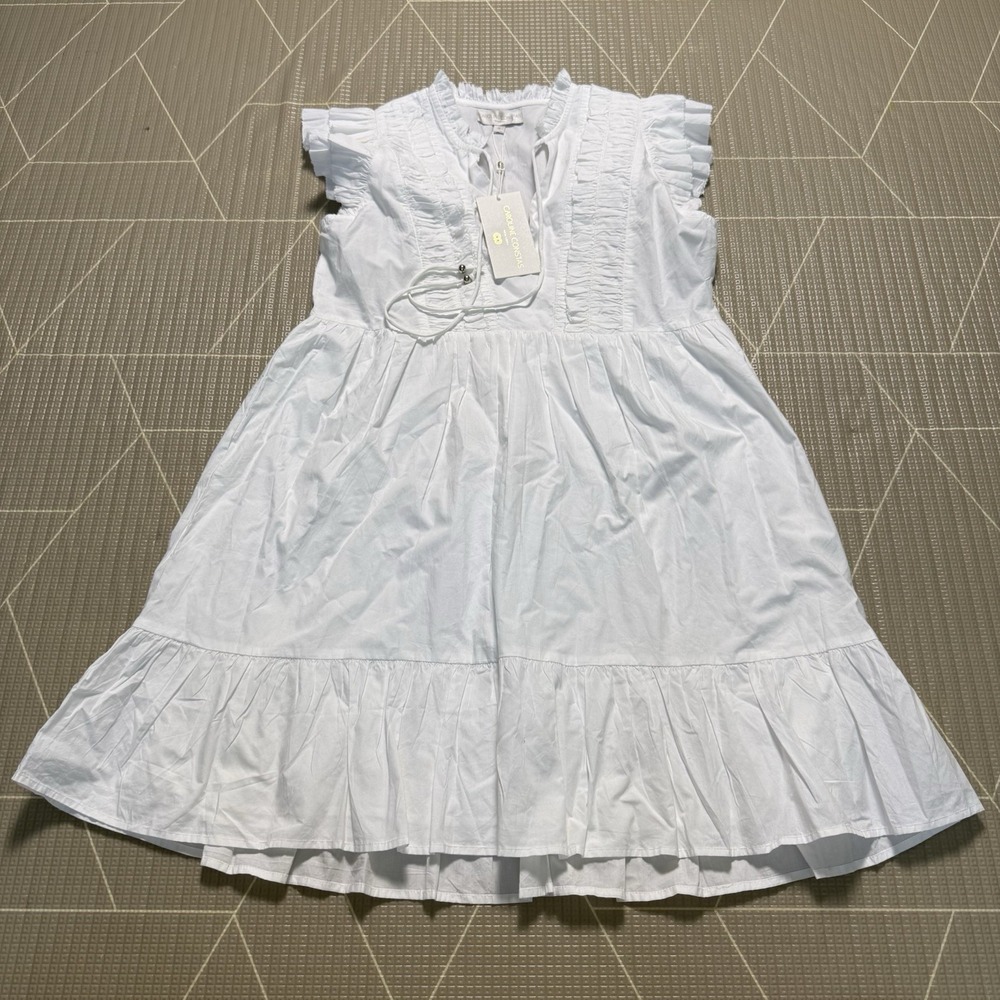 NEW Caroline Constas White Poplin Dress S 100% Cotton Ruffles Preppy Cottagecore